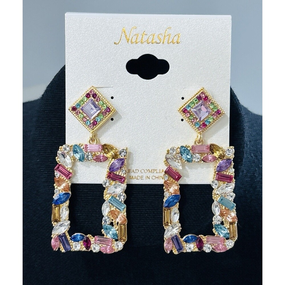 Natasha Crystal Rhinestone Dangle Statement Earrings Pastel NWT